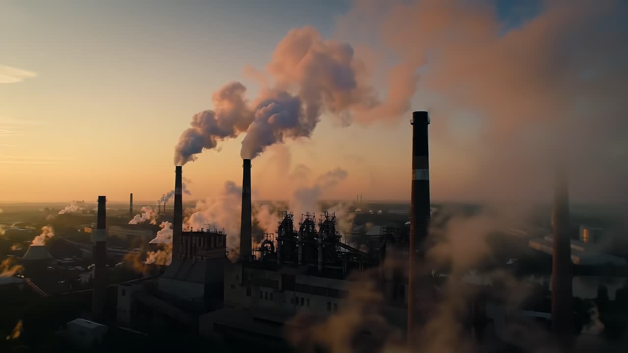 Aerial View of Industrial Landscape at Sunset with Emissions from Factory Chimneys Surrounded by Thick Smoke and Vibrant Colors in the Sky