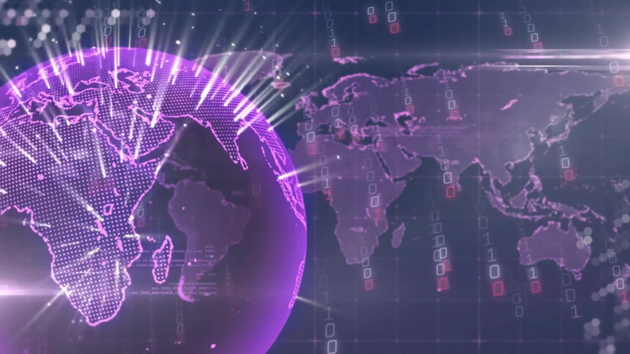 Upon rotation purple dotted globe spinning, pulsing beams, ring overlay showing global data flow