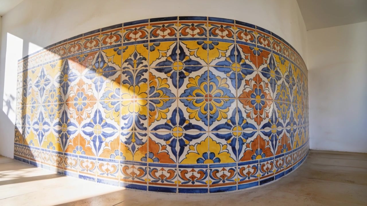 Mostrando una parete curva di piastrelle in ceramica che cambia sotto la luce del sole della finestra sinistra in una galleria, con le ombre dei vetri.