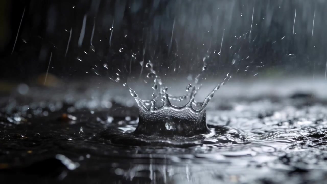 Des gouttes de pluie tombent et frappent une flaque peu profonde sur un trottoir mouillé, formant une couronne, des jets et des gouttelettes satellites.