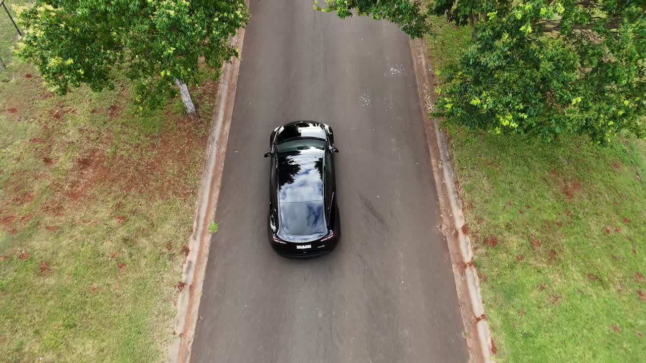 tesla conduciendo por las exuberantes calles suburbanas