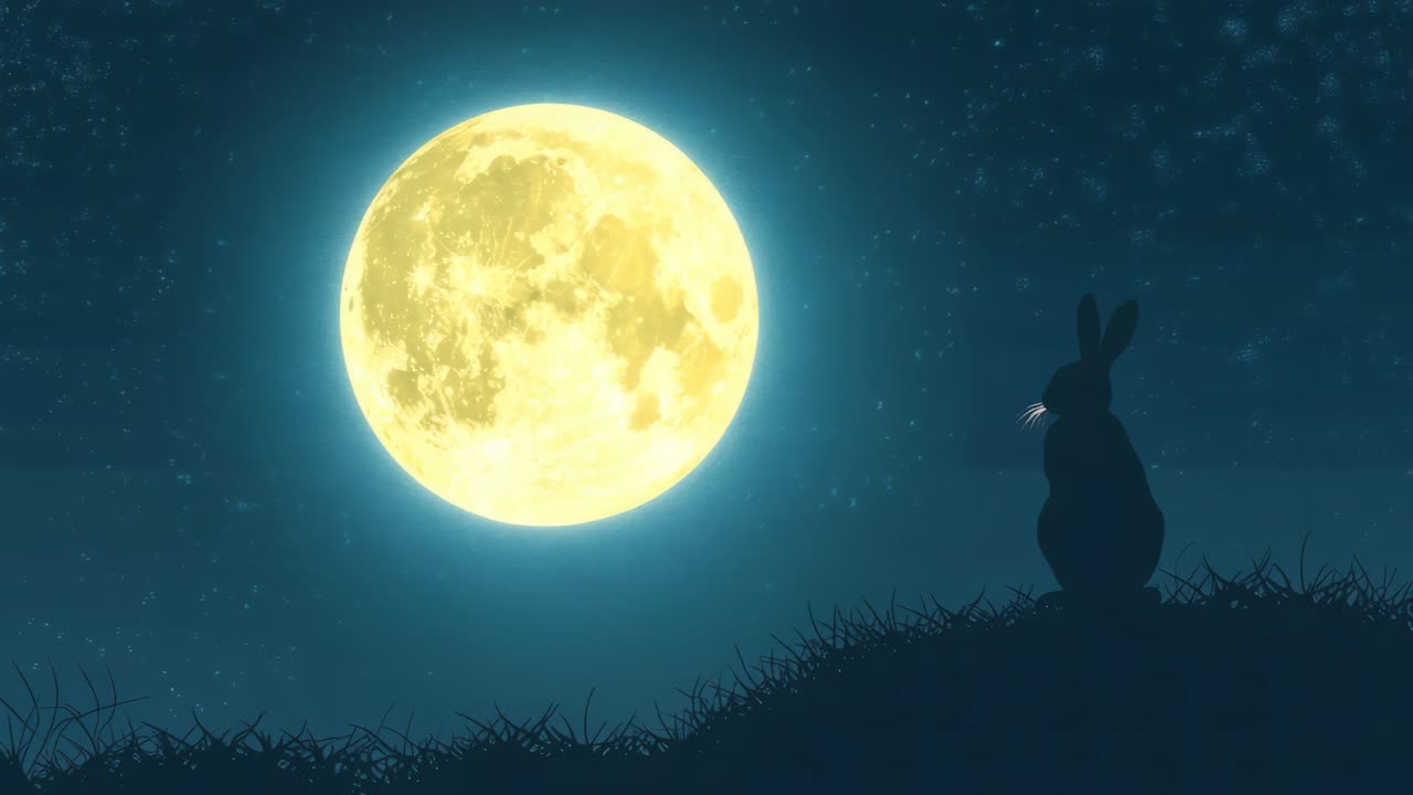 Silhouette of a rabbit against a full moon, viewed from a low angle