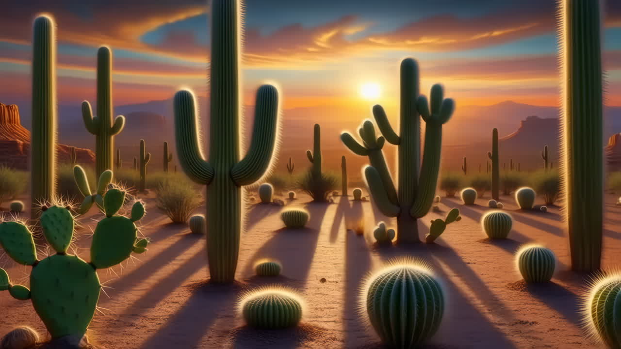 Vibrant Cactus Desert Landscape at Sunset