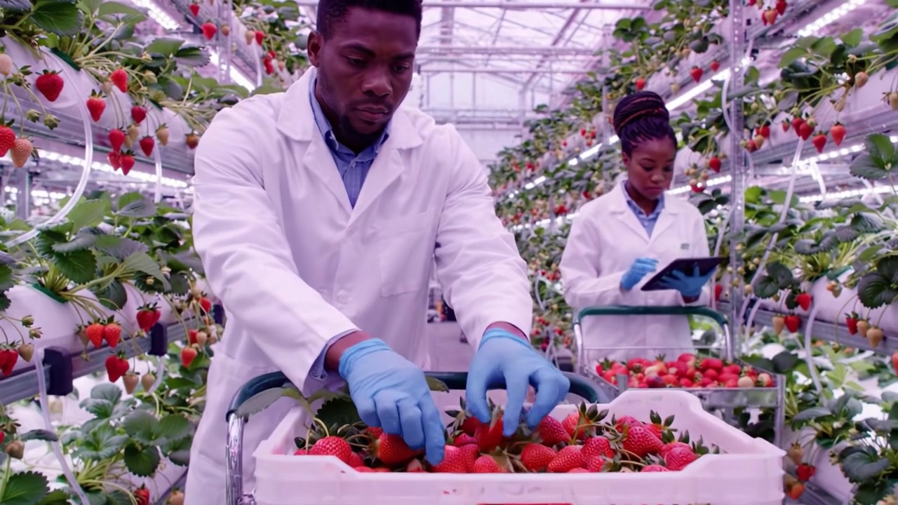 Des travailleurs dévoués dans une serre de haute technologie récoltent des fraises fraîches en utilisant une technologie agricole moderne pour un rendement optimal et une gestion de la qualité dans un environnement contrôlé.