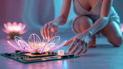 woman interacting with a glowing digital lotus on a circuit board, blending technology and spiritual aesthetics