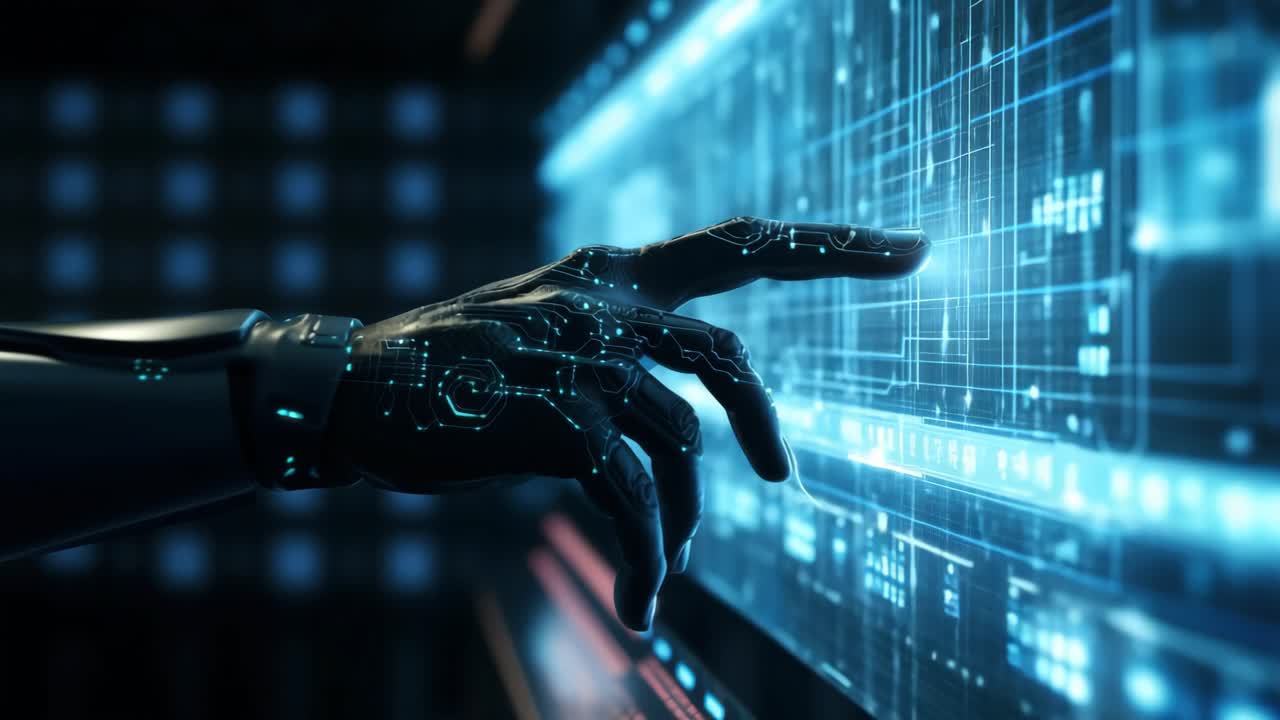 Futuristic video concept of a robotic hand interacting with a digital interface