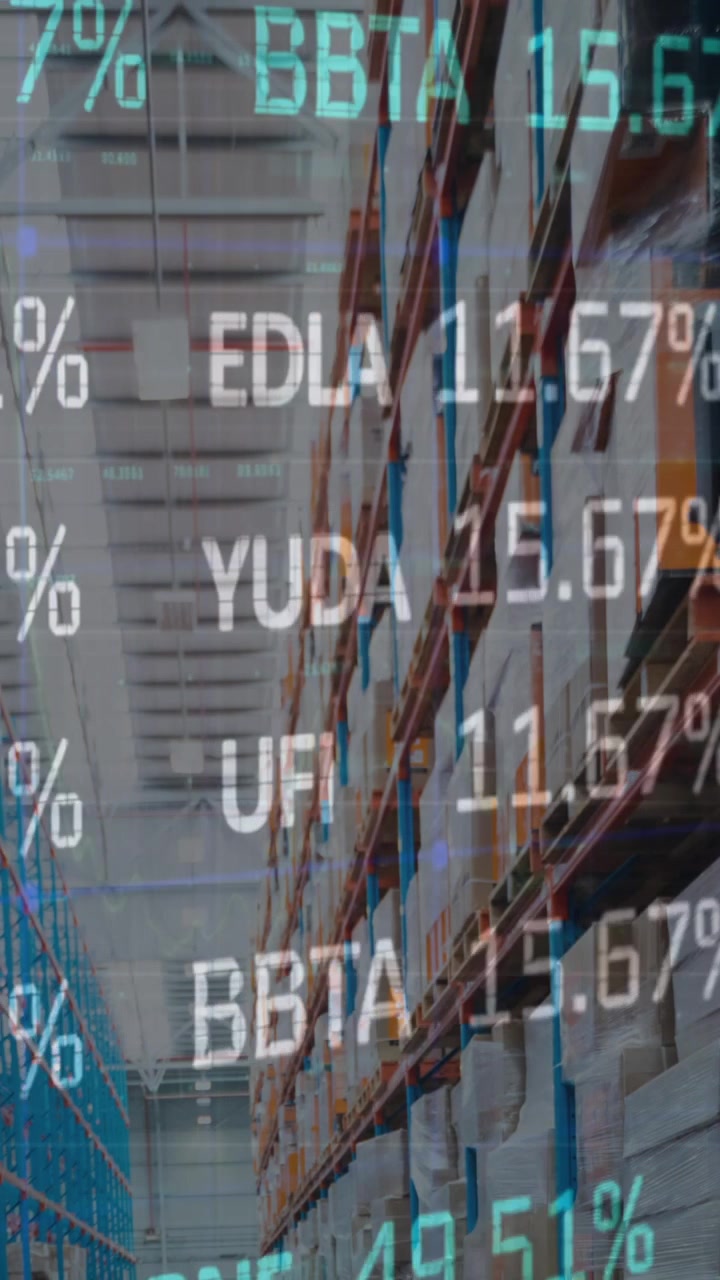 Digital Stock Market Data Overlayed on Warehouse Shelves