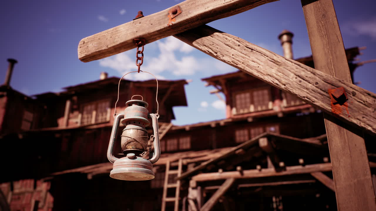 은 파란 하늘을 배경으로 시골 목조 프레임에 매달린 고대 등불