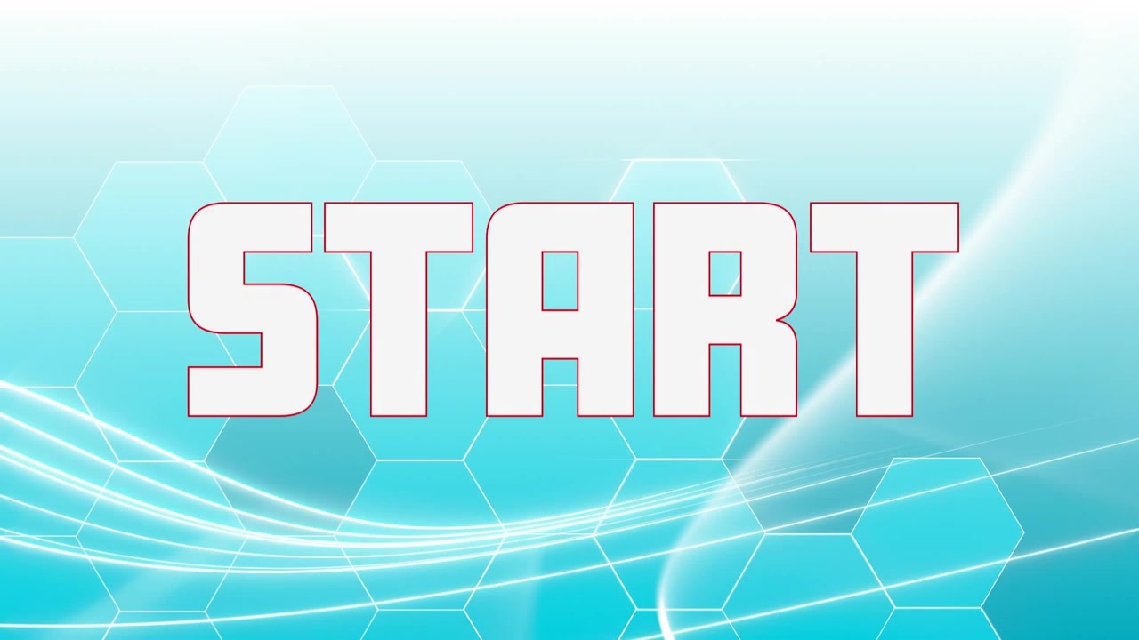 Animation of start text with wave pattern and hexagons over blue background