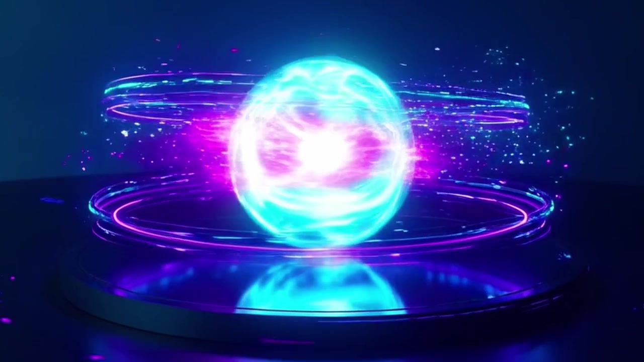 Sfera di energia luminosa astratta rotante con anelli di luce al neon