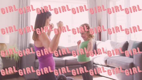 Animation-of-girls-power-over-caucasian-mother-and-daughter-practicing-yoga