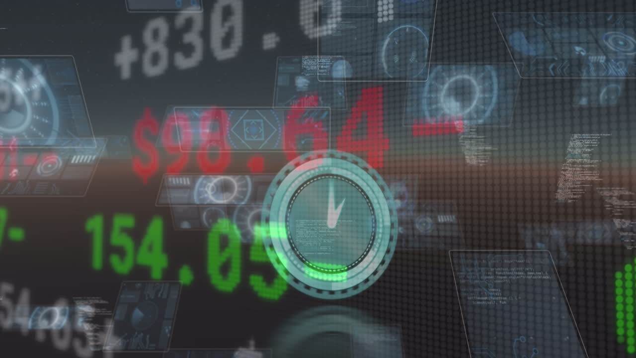 Animazione di elaborazione dati su orologio e sfondo nero