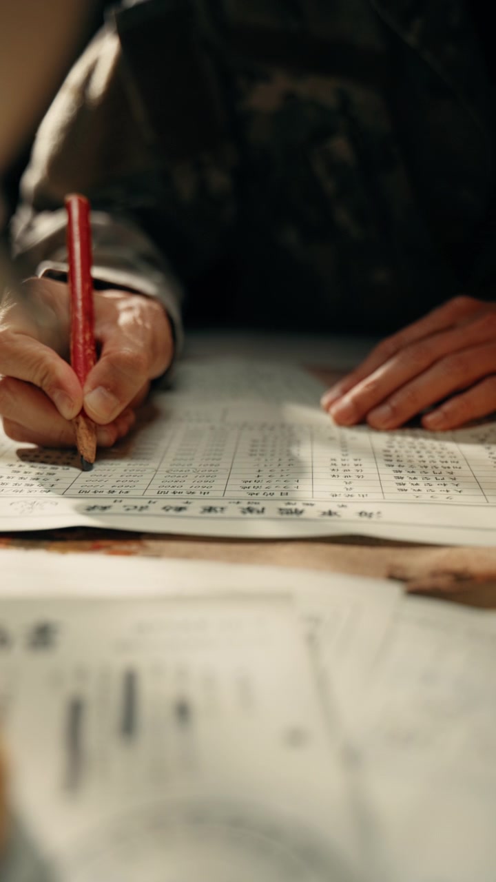 Soldier writing over archival military papers