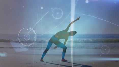 animation of networks of connections over caucasian woman praciticing yoga on beach