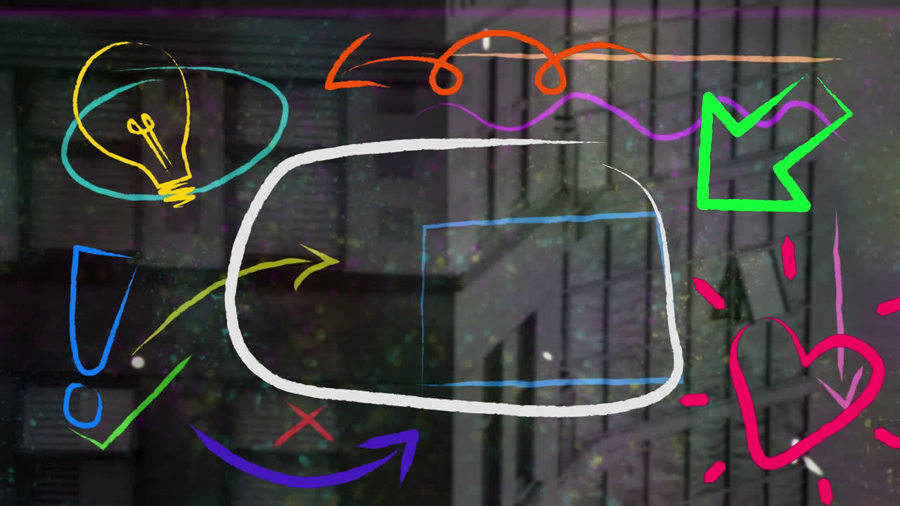 animación de iconos y formas coloridas sobre el paisaje de la ciudad