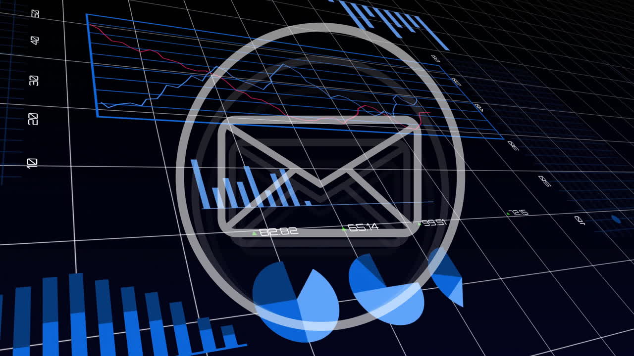 Email icon overlaying financial charts on digital screen with animation effects
