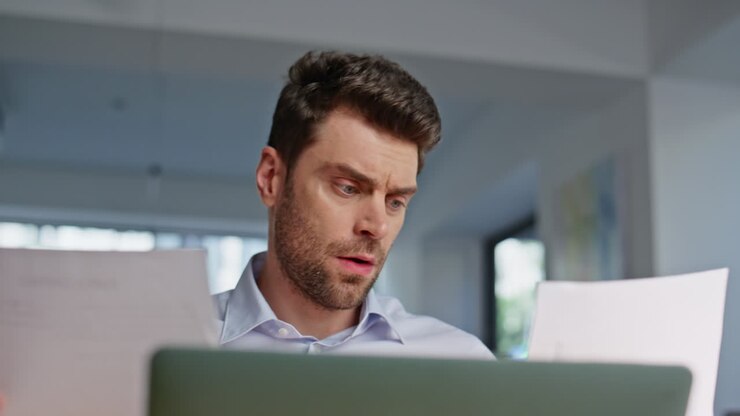 Beschäftigte/r Admin überprüft Dokumente und Daten auf einem Laptop in einem Büro aus der Nähe