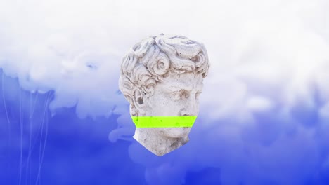 animation of clouds and head of sculpture on blue background