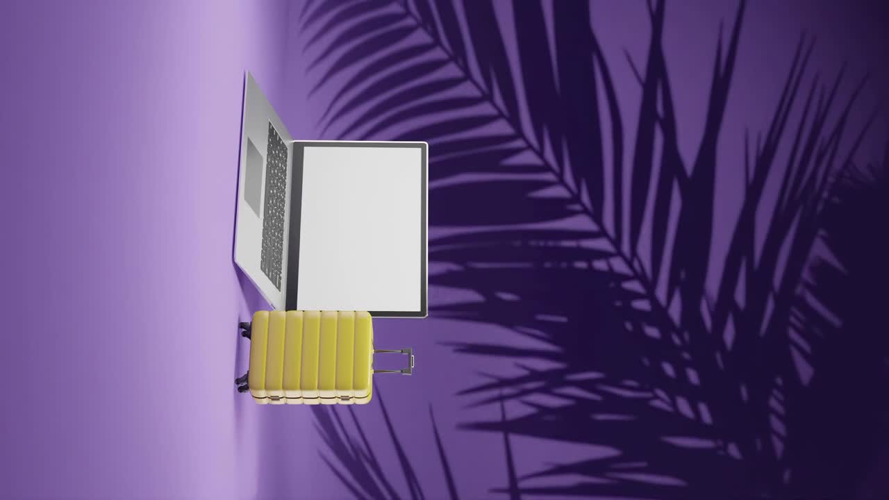 animación 3d de renderización de portátiles modernos y maletas de viaje concepto de remoto nómada digital trabajando en fondo púrpura vertical