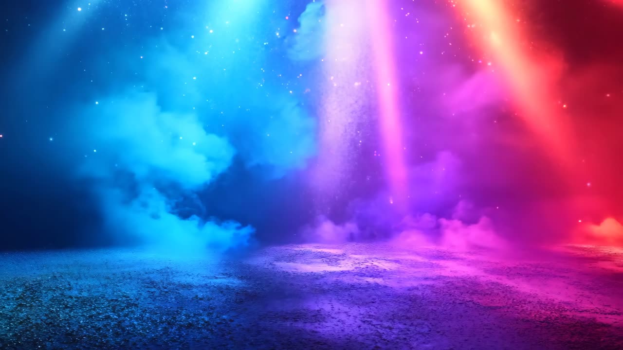 A colorful, starry background with a red, blue, and purple light shining on it. The light is creating a sense of depth and movement in the scene