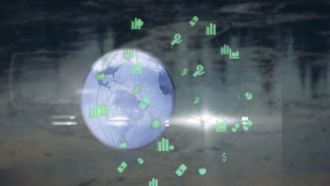 Animation-Eines-Netzwerks-Digitaler-Symbole-über-Einem-Sich-Drehenden-Globus-Vor-Grauem-Hintergrund