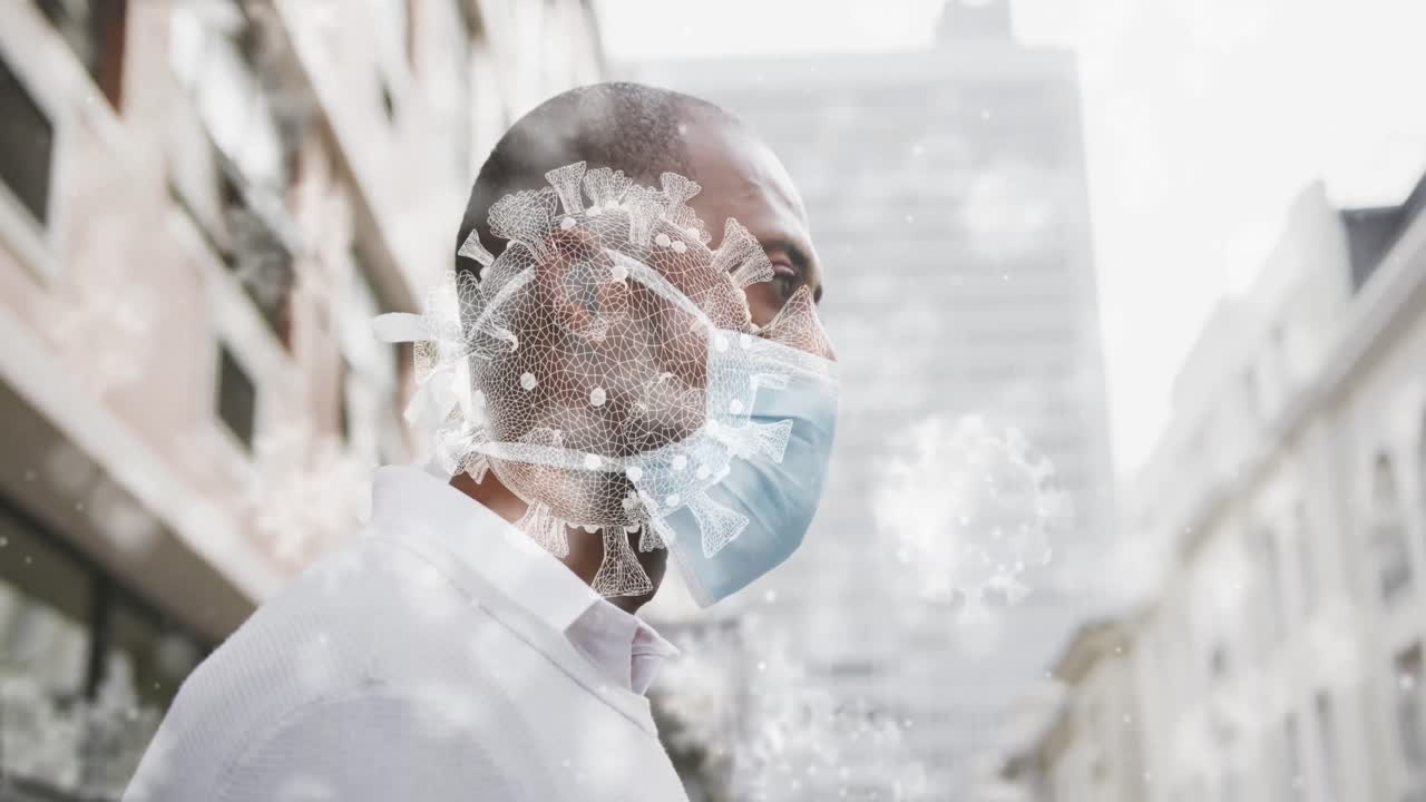 animación de células de covid-19 sobre un hombre que usa una máscara facial