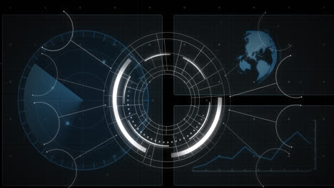 Animación-De-Interfaz-Con-Escáner-Redondo,-Globo-Giratorio-Y-Procesamiento-De-Datos-Sobre-Fondo-Negro