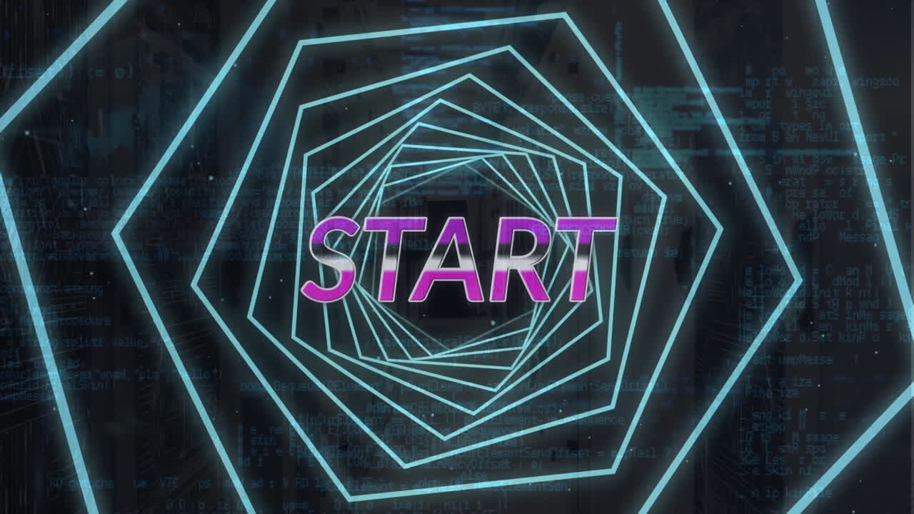 Animation of start text in hexagon tunnel against computer language on black background