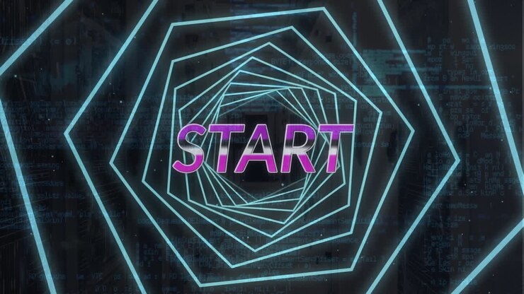 Animation of start text in hexagon tunnel against computer language on black background