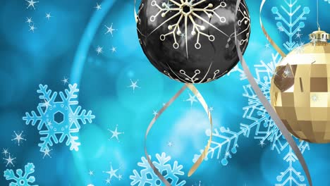 Animation-of-snow-falling-over-christmas-bauble-decorations-on-blue-background