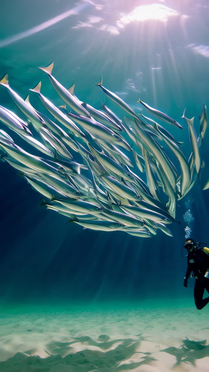 Buceador observando un gran cardumen de peces bajo el agua