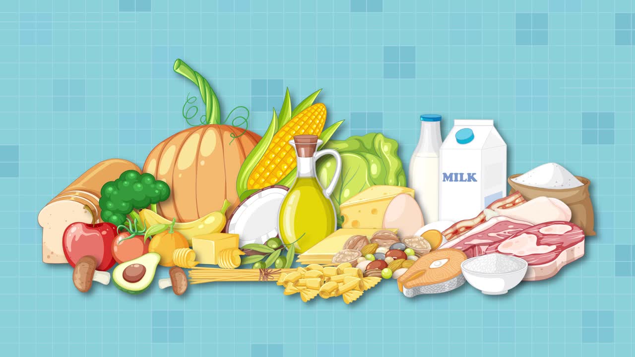 Various food groups appear sequentially, forming a colorful arrangement on a light blue digital backdrop