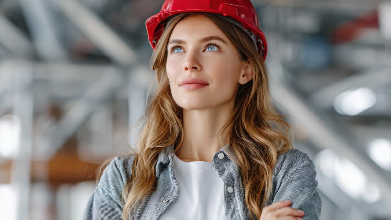 Confident Woman in Hard Hat Ponders Future Construction Challenges with Determination and Focus, Set Against an Industrial Background of Metal Framework and Machinery