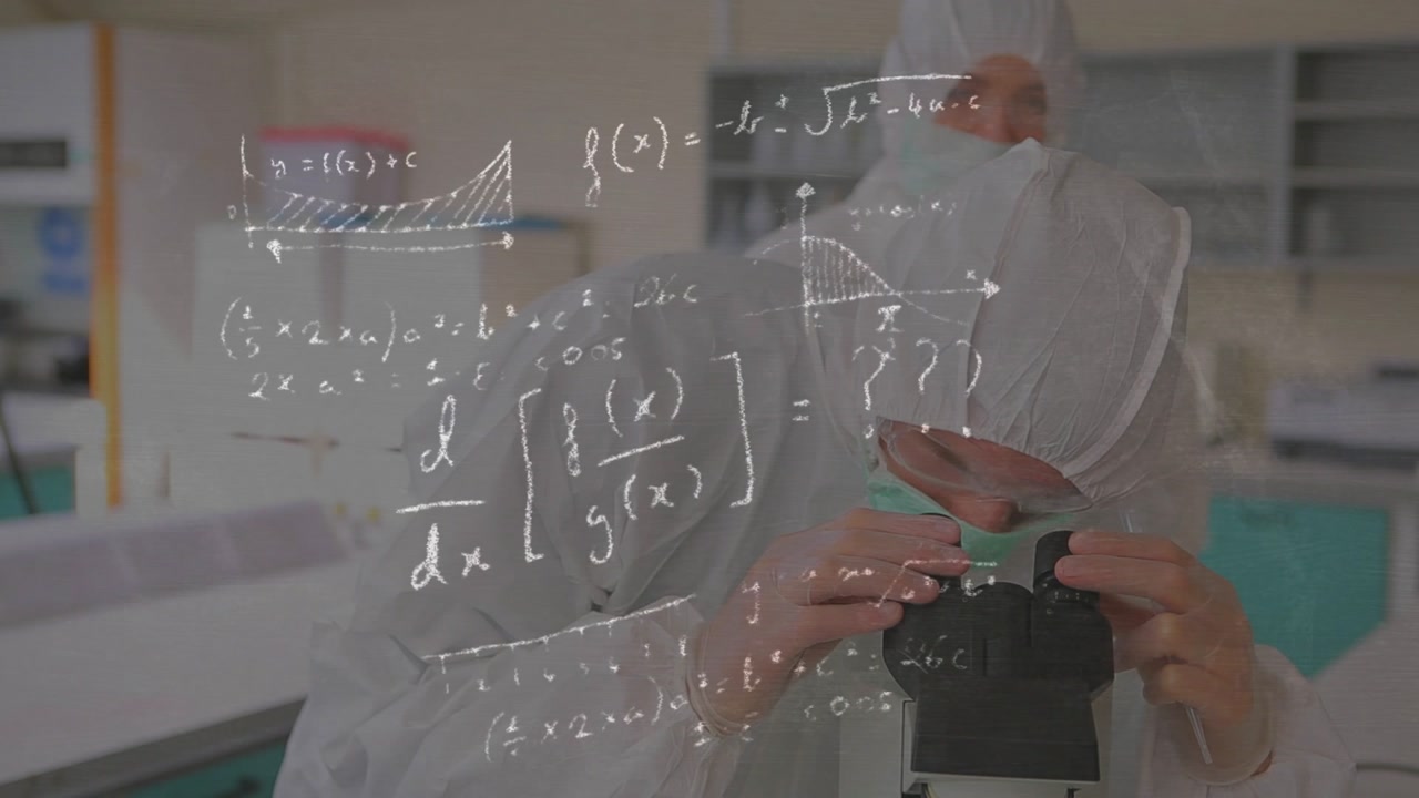 Lab techs peering into scope, initiating tuning and handing slide, formulas overlaying for analysis