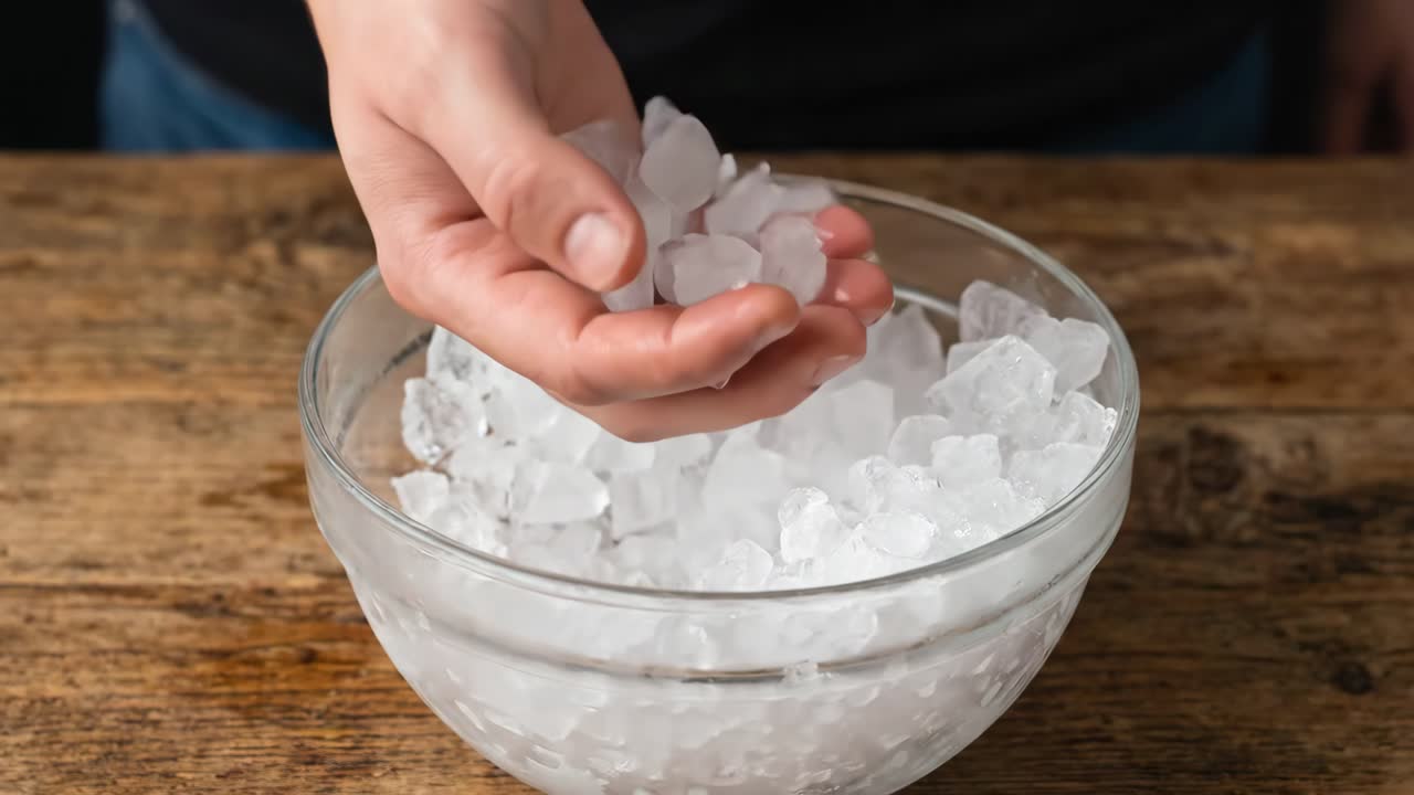 Hånd, der tager knust is fra en glasskål