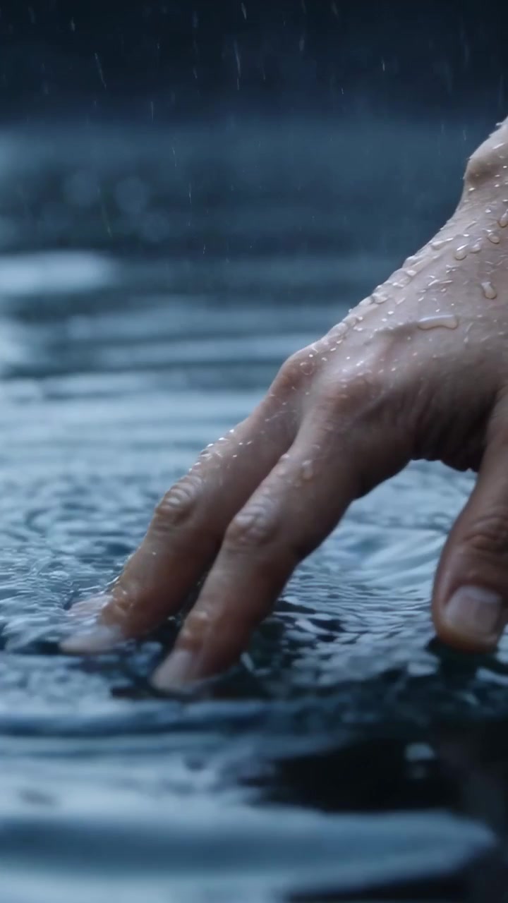 Vertical video: Falling rain causing bare male fingertips skimming outdoor puddle, creating ripples
