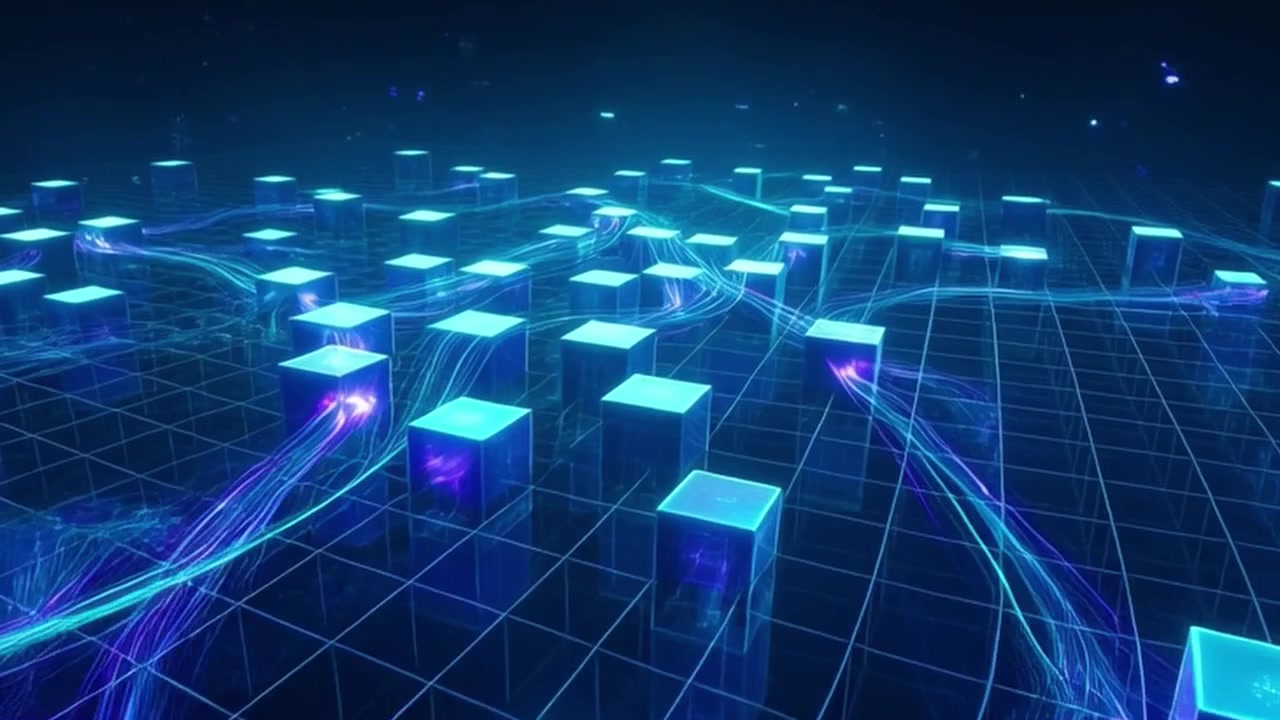 Digital Data Network with Glowing Cubes and Flowing Light Streams