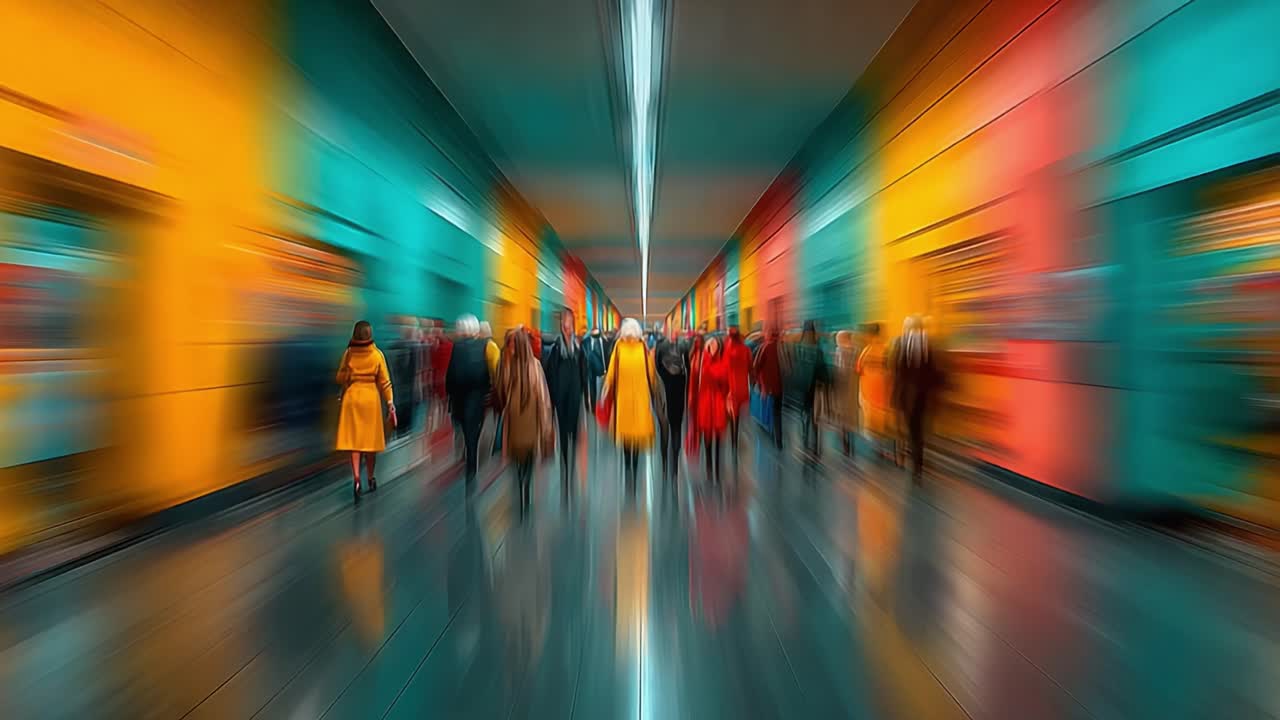 A Dynamic Urban Corridor Filled with Colorful Walls and Blurred Figures, Capturing the Essence of Movement in a Busy Human Environment