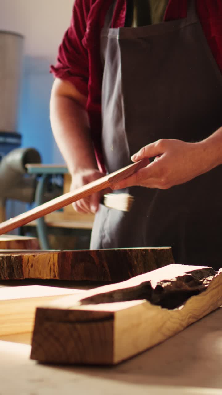 Craftsman Applying Protective Finish to a Wooden Plank in Workshop