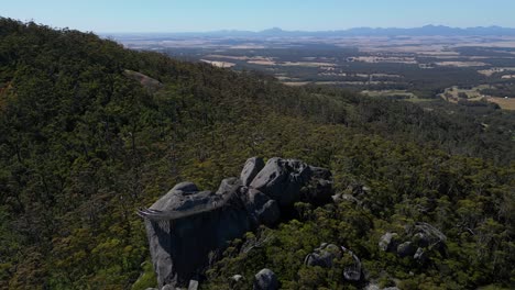 órbita-Aérea-Del-Mirador-De-Las-Copas-De-Los-árboles-En-Australia,-Montañas-En-Segundo-Plano