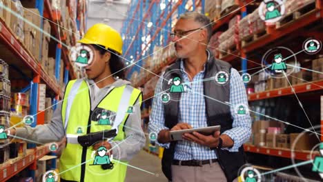 Animation-of-profile-icons-on-diverse-male-supervisor-and-female-worker-checking-stock-at-warehouse