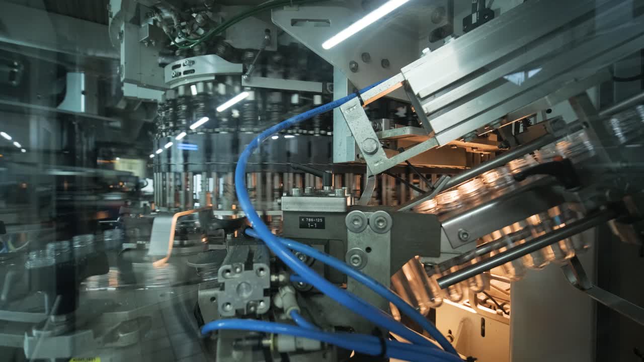 Automatic filling machine pours water into plastic PET bottles at modern beverage plant