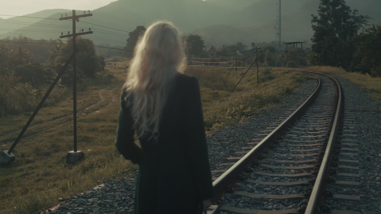 Woman Walking Along Train Tracks in Rural Landscape