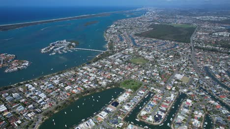 aerial view over sovereign islands, ephraim island and paradise point in gold coast, qld, australia - drone shot