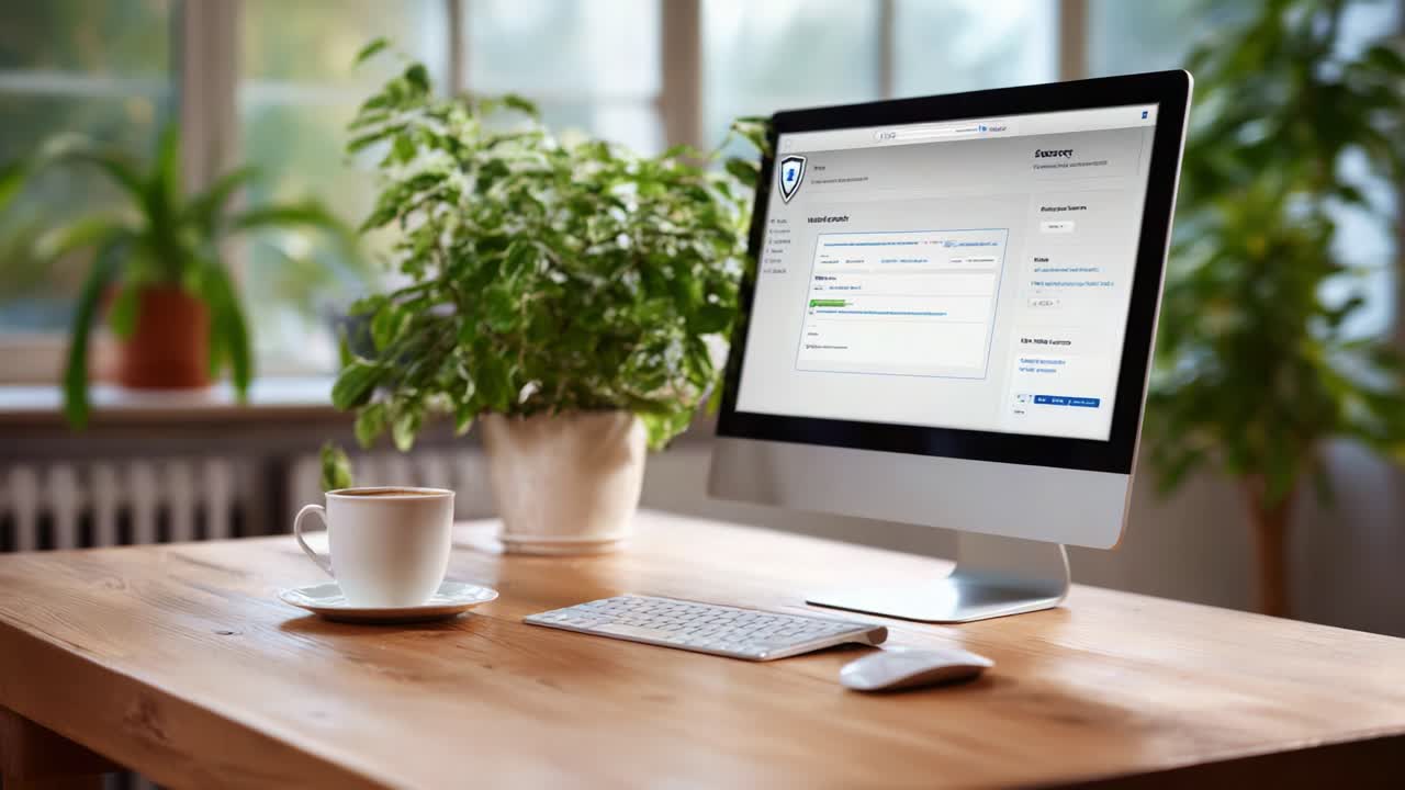 A Cozy Workspace Featuring a Modern Computer Setup with a View of Lush Greenery, Perfect for Productive Writing or Online Tasks with a Warm Beverage Nearby