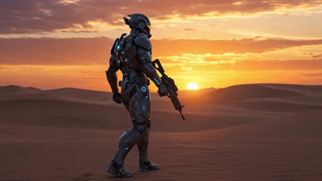 a futuristic armored soldier stands resilient against the backdrop of a mesmerizing desert sunset, merging technology with survival in a captivating landscape