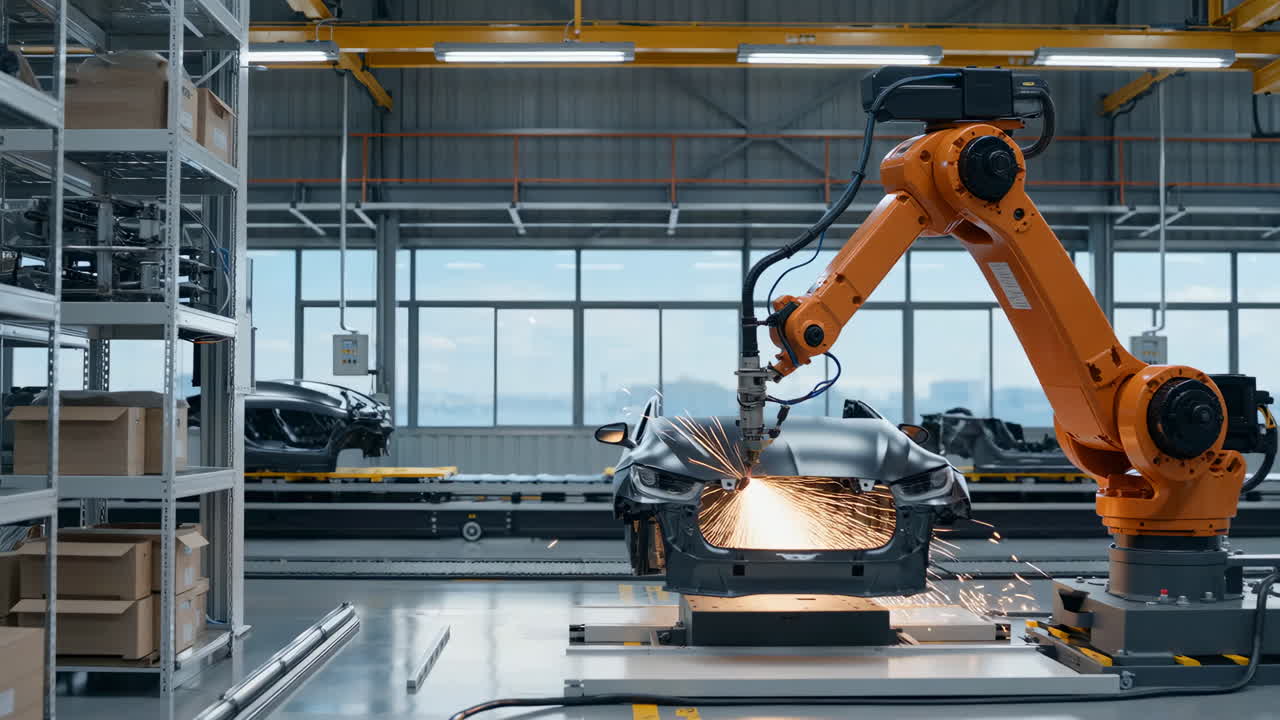 Robotic Arm Welding Car Chassis on an Assembly Line in a Modern Factory
