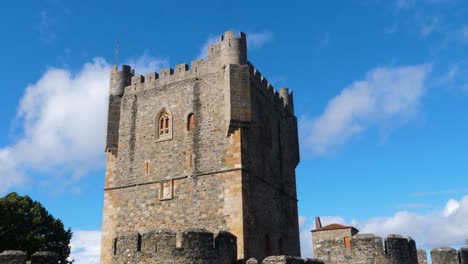 Sturdy-medieval-Braganza-Castle-tower-against-blue-sky,-Portugal