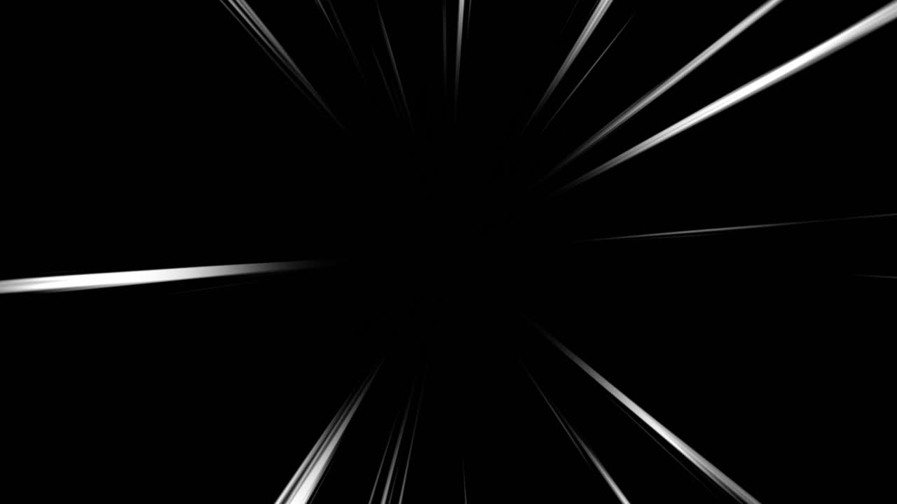 黒い背景に放射状に広がる抽象的な白いスピードライン。