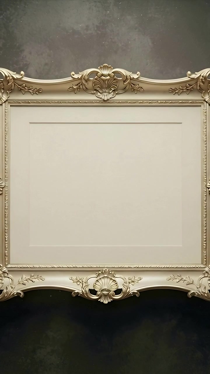 Video verticale: Telecamera che si sposta centrando una parete scura con cornice dorata, rivelando un pannello color crema con stemma intagliato.